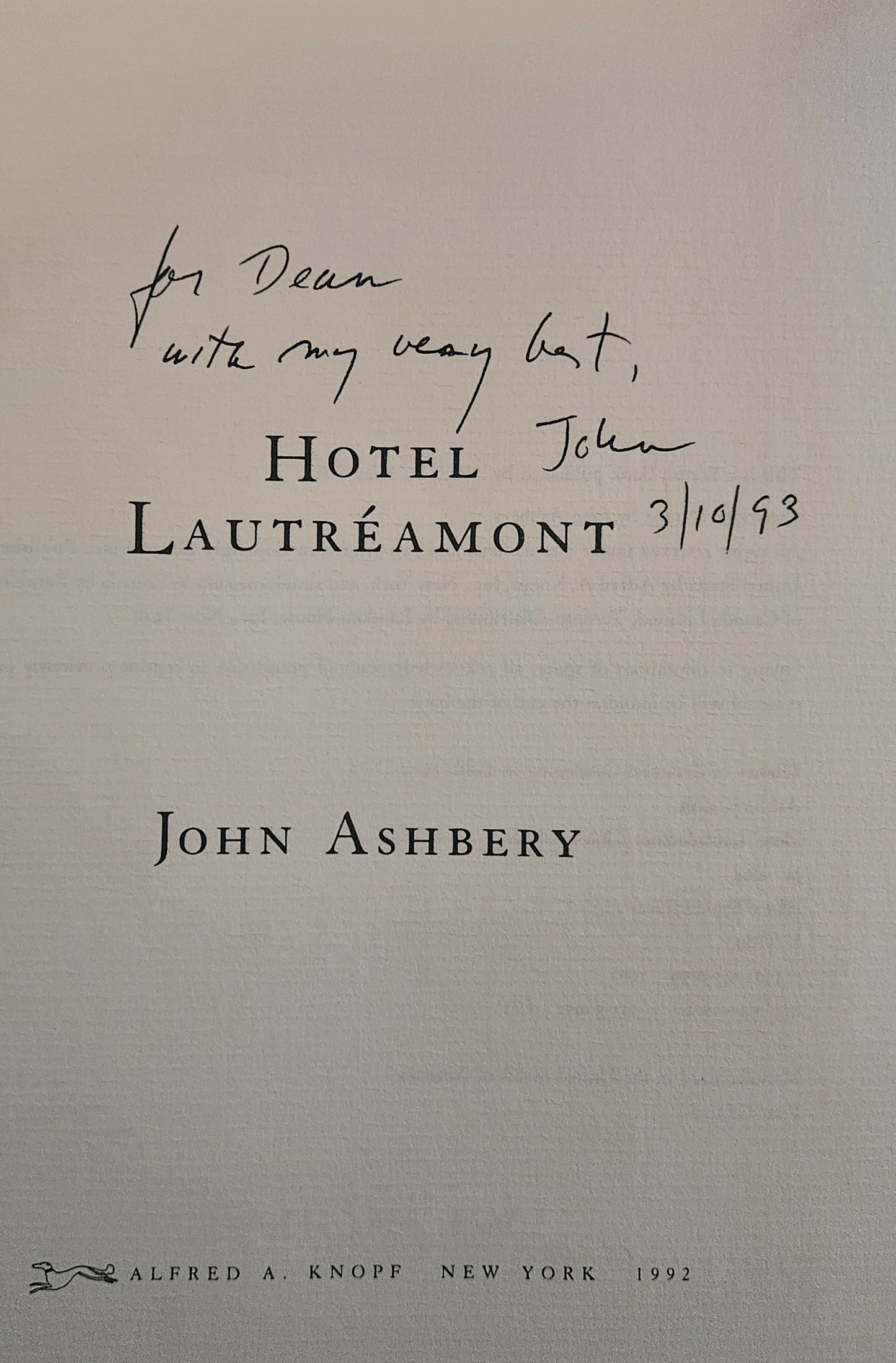 John Ashbery - Hotel Lautreamont (Signed)