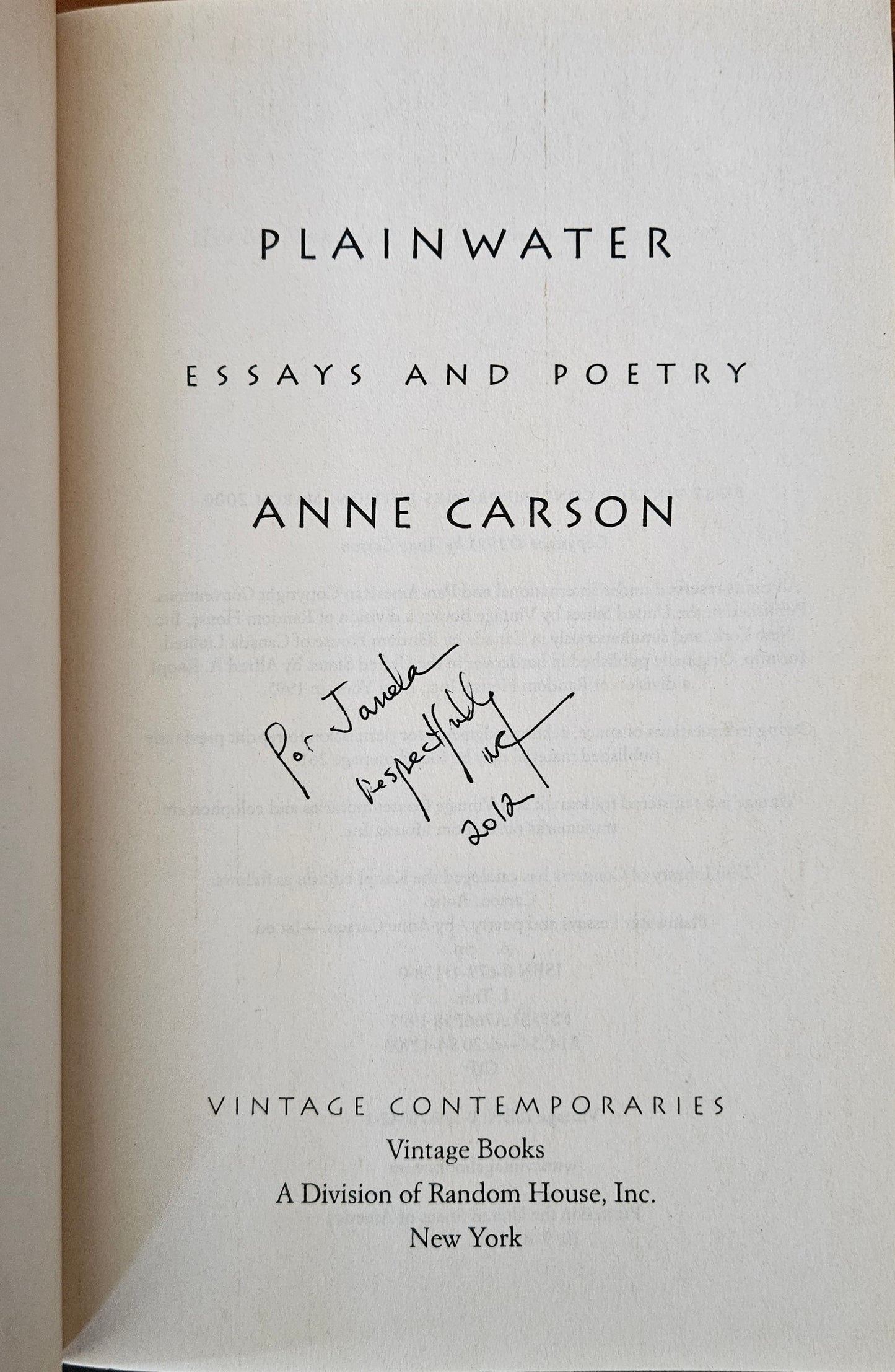 Anne Carson - Plainwater (signed)