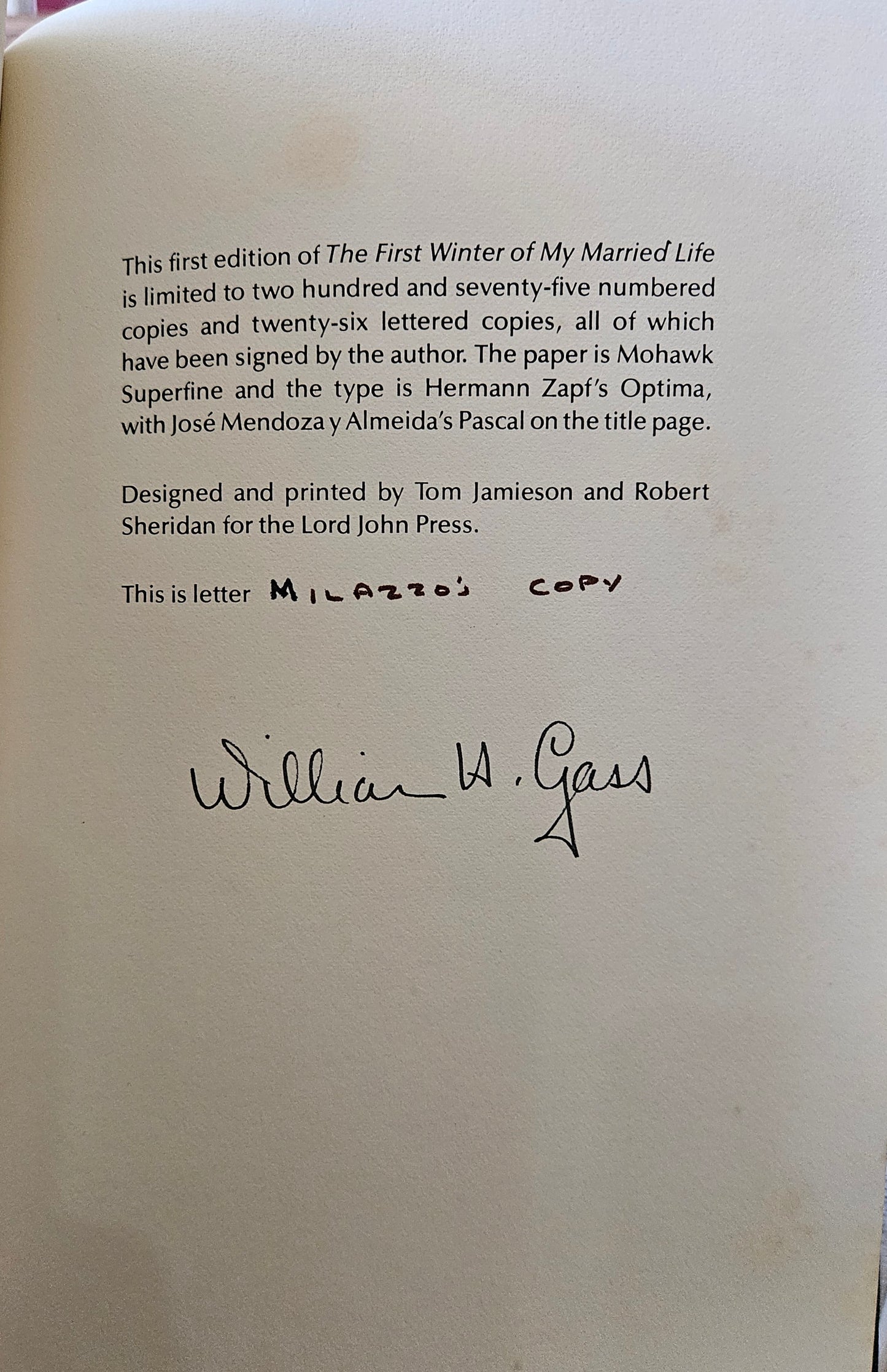 William H. Gass - The First Winter of Our Married Life (signed)