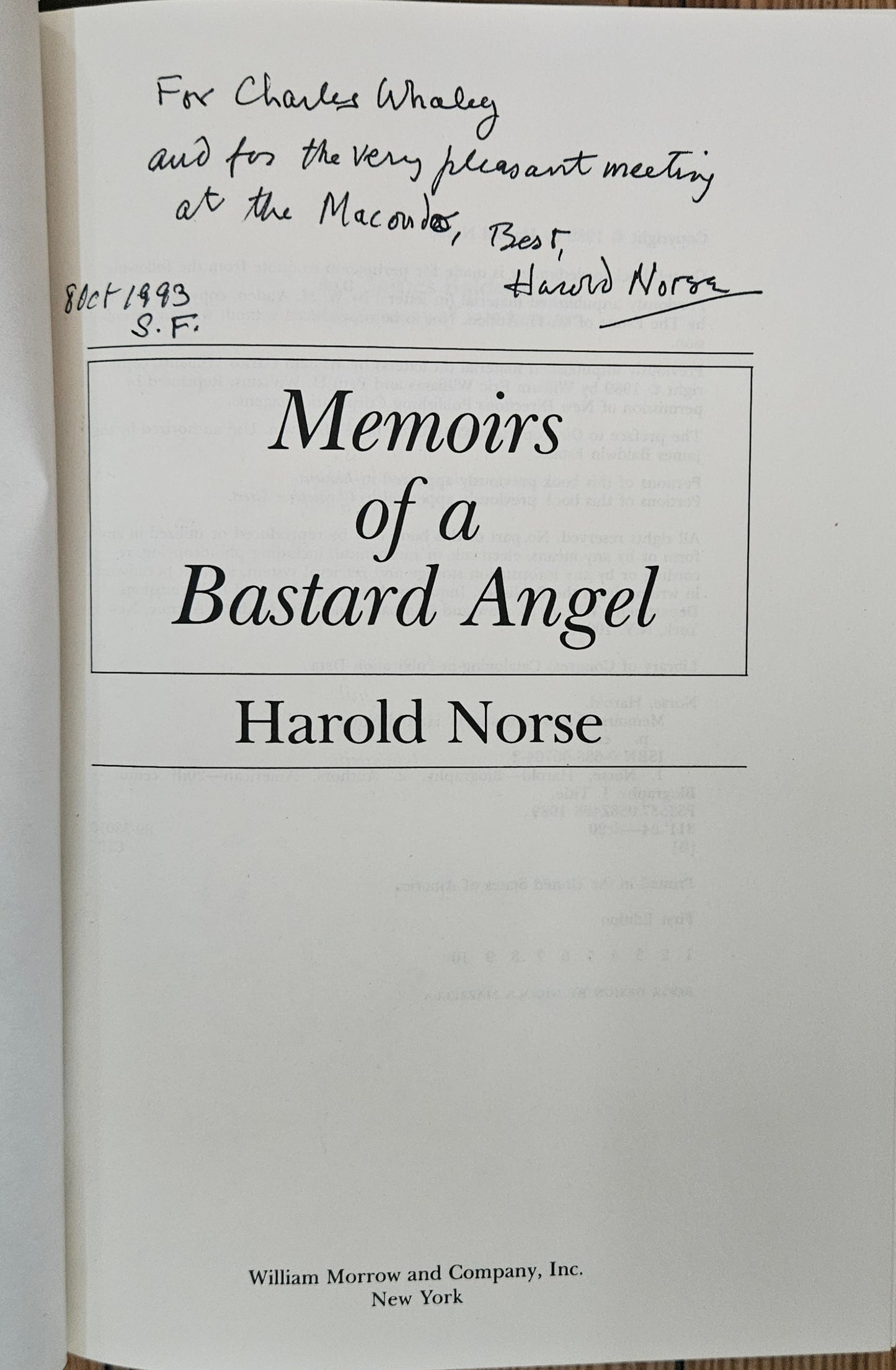 Harold Norse - Memoirs of a Bastard Angel (signed w/ signed postcard & flyer)