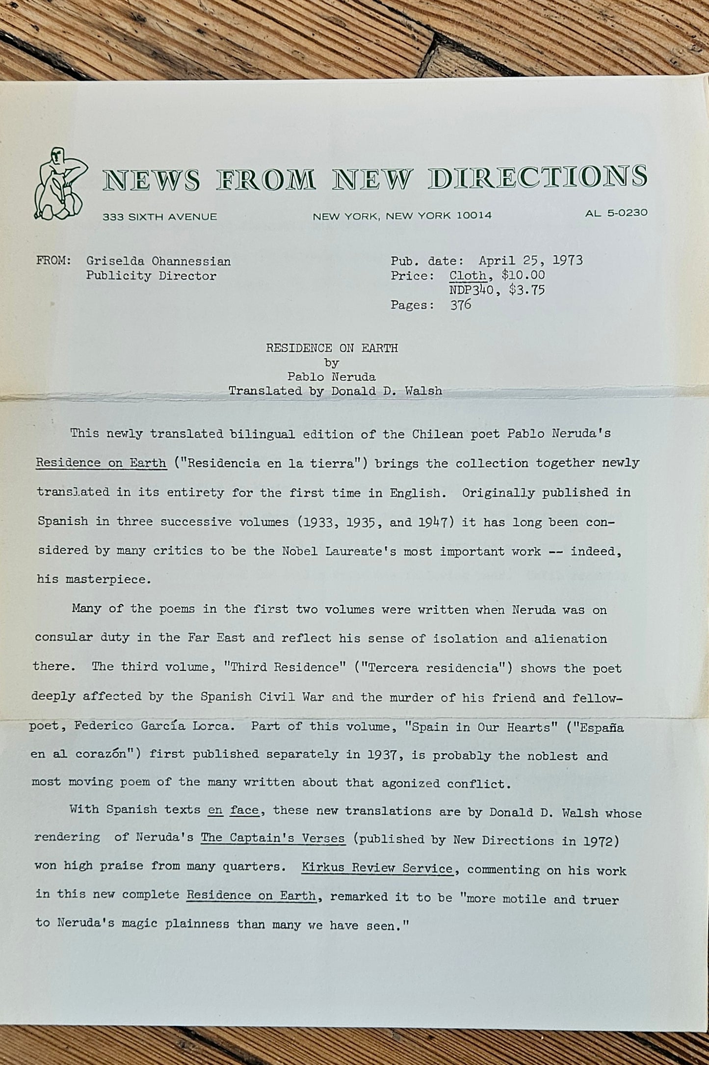 Pablo Neruda - Residence on Earth (w/ publisher letter)